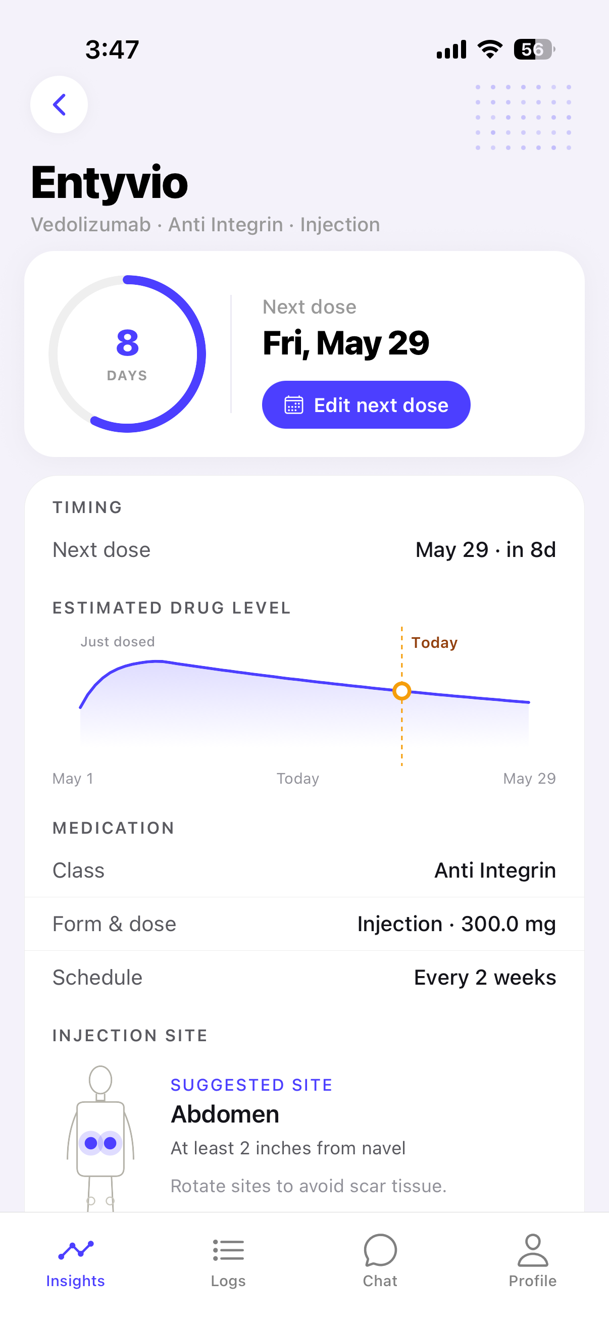 Biologic medication tracking screen