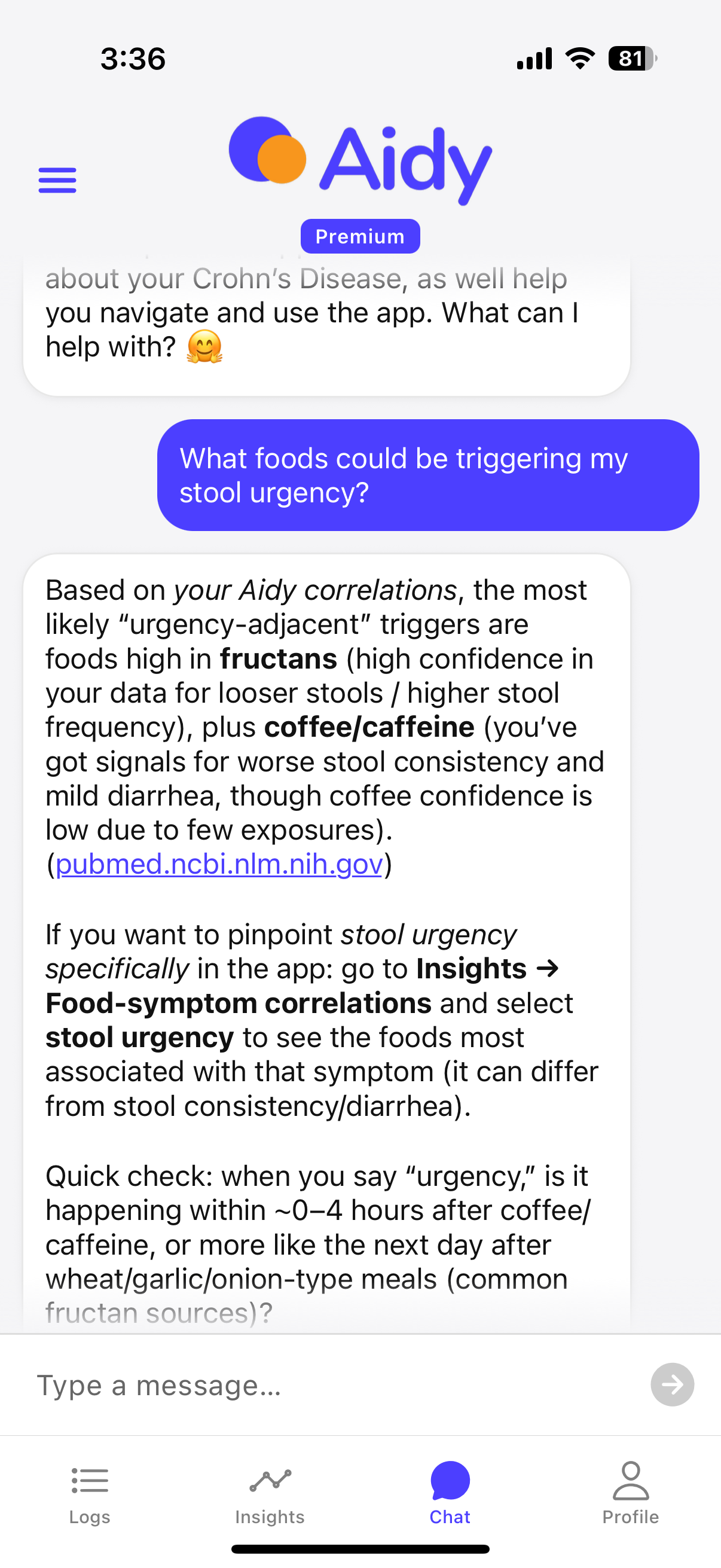 In-app chat with Aidy