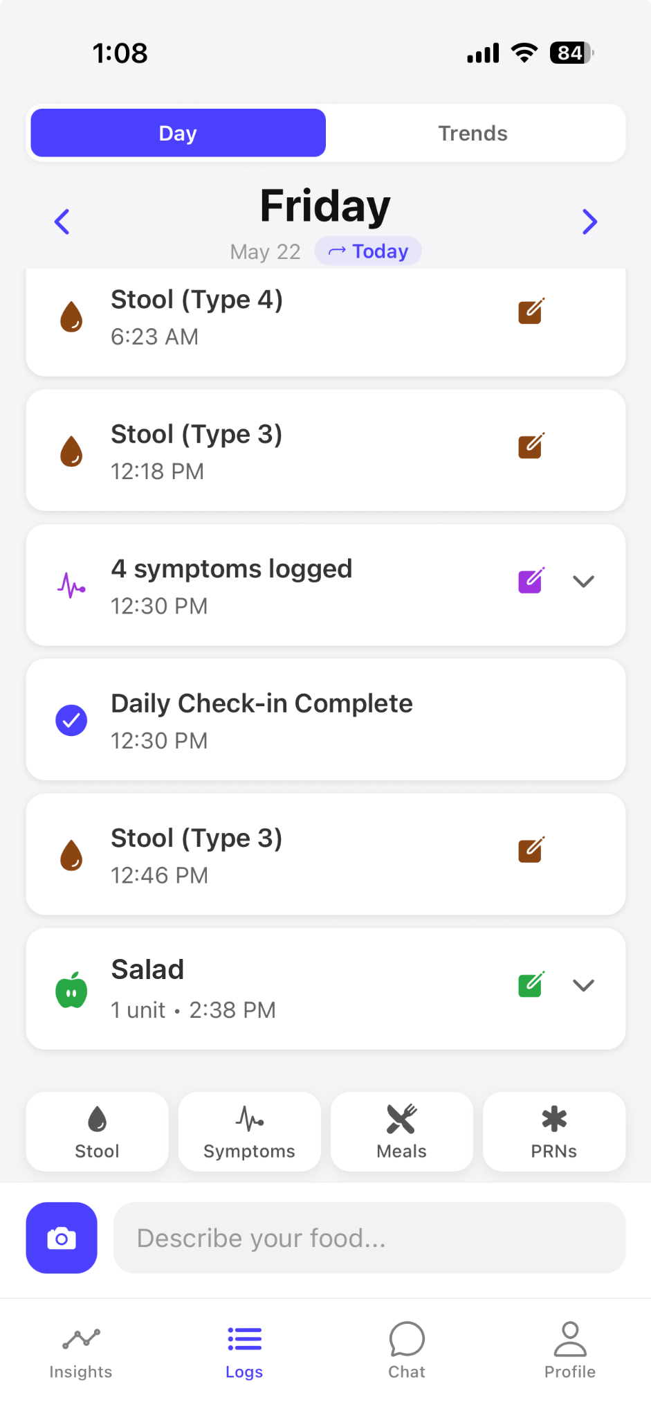 Daily log screen in the Aidy app